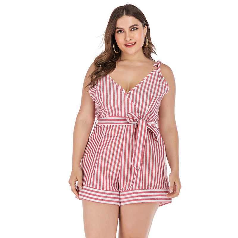 Plus Size Women Clothing Summer Fresh Sweet Jumpsuit Women Printed Red White Striped Spaghetti Straps Suit - Wild Amber Fashion