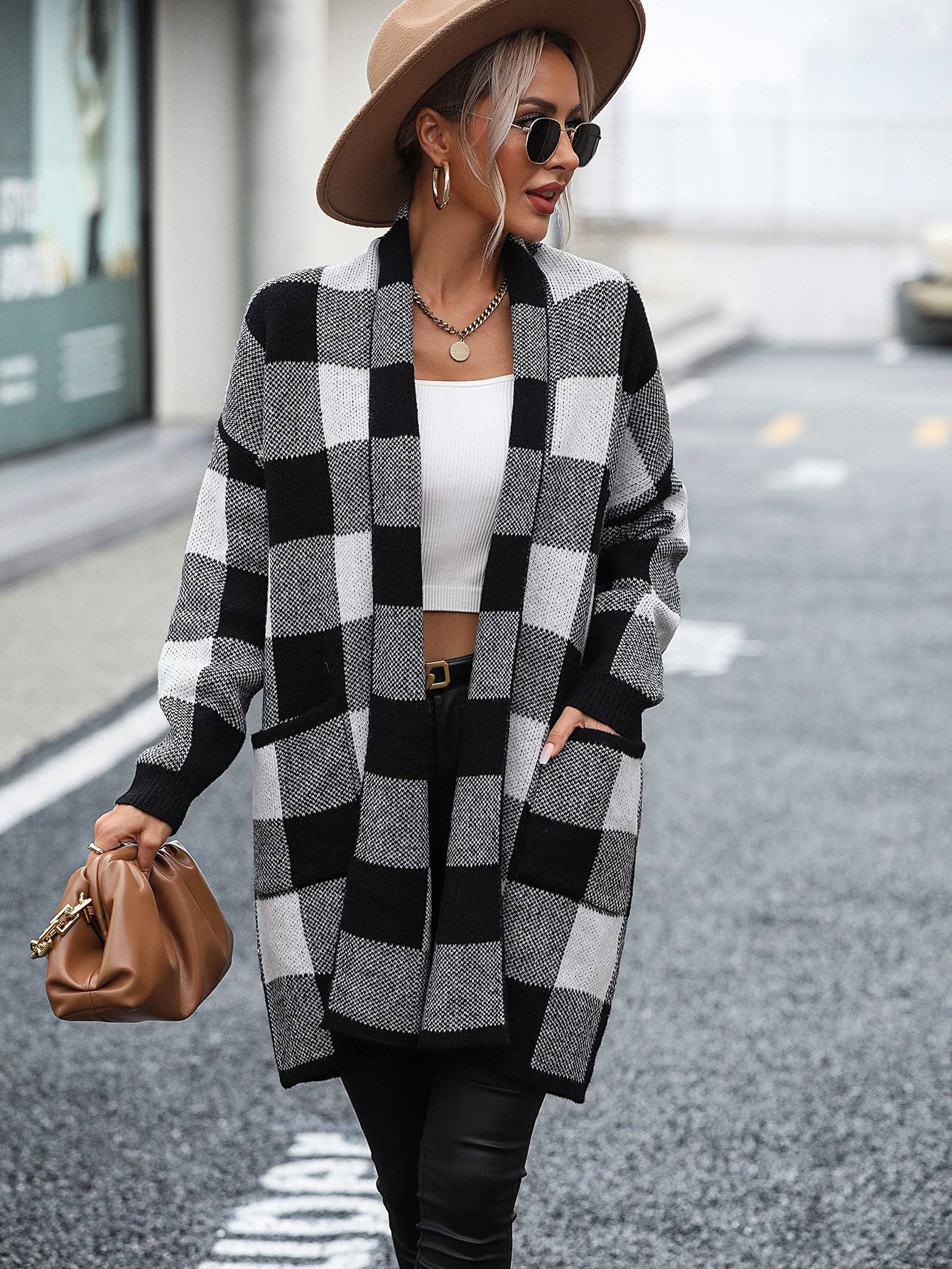 Loose Plaid Color Knitted Cardigan Sweater for Women  S Black 