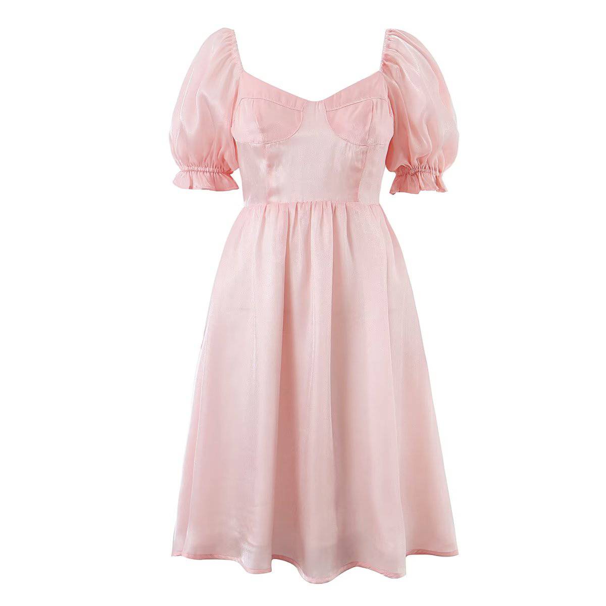 Graceful Organza A-Line Midi Dress with Puff Sleeves and V-Neck  S Pink 