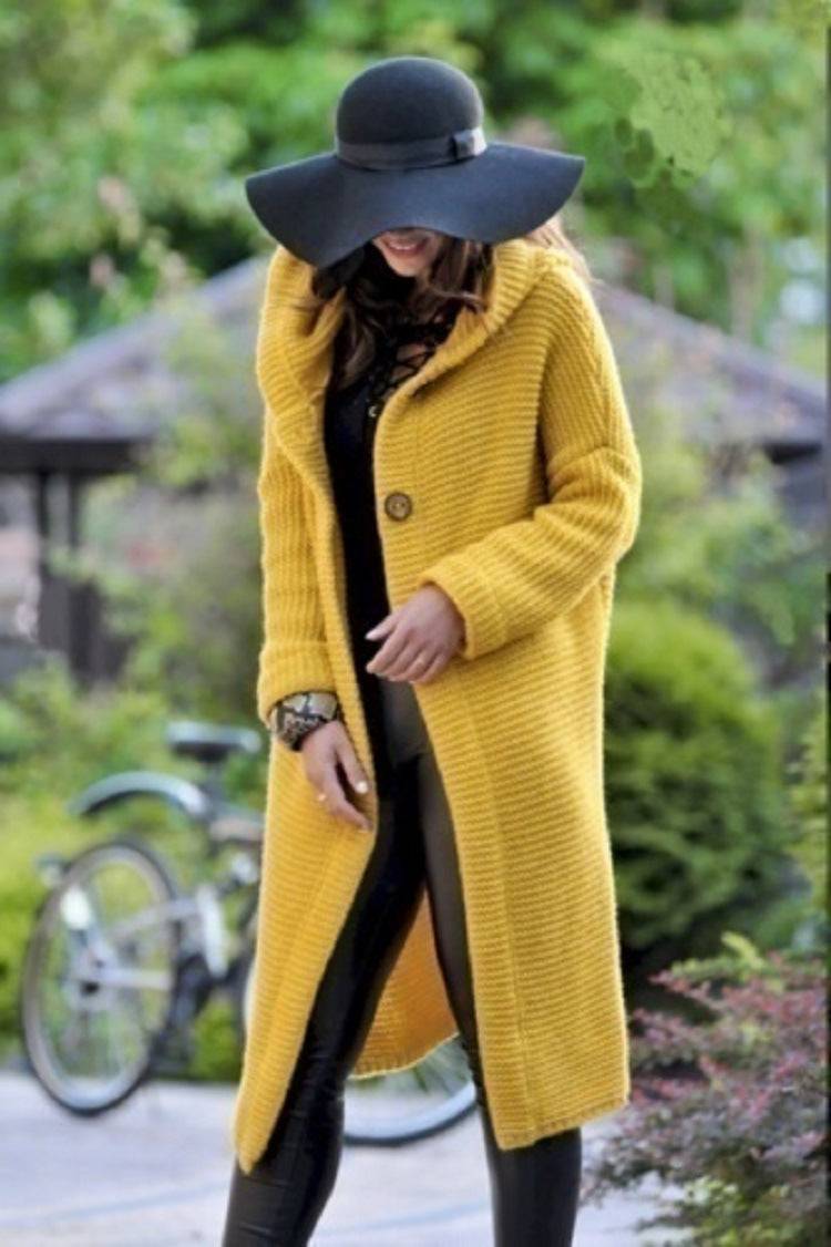 Hooded Sweater Coat for Women - Autumn/Winter Casual Button Long Cardigan  S Yellow 