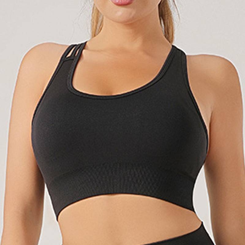 Sleek Seamless Knit Sporty Two-Piece Yoga Set with Shock-Absorbing Bra  S Black Cross Tank Top 