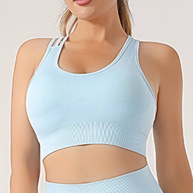 Sleek Seamless Knit Sporty Two-Piece Yoga Set with Shock-Absorbing Bra  S Blue Cross Tank Top 