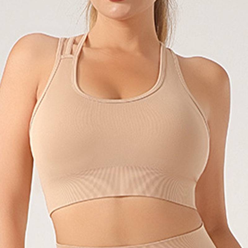 Sleek Seamless Knit Sporty Two-Piece Yoga Set with Shock-Absorbing Bra  S Brown Cross Tank Top 