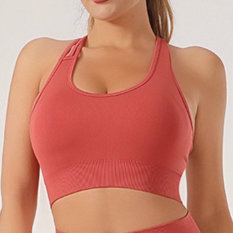 Sleek Seamless Knit Sporty Two-Piece Yoga Set with Shock-Absorbing Bra  S Brick Red Cross Tank Top 