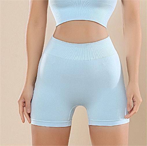 Sleek Seamless Knit Sporty Two-Piece Yoga Set with Shock-Absorbing Bra  S Blue Shorts 