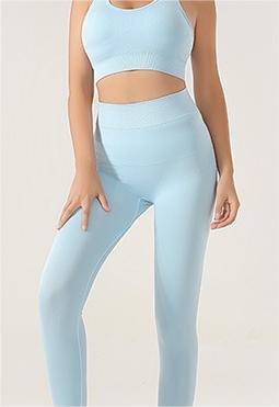 Sleek Seamless Knit Sporty Two-Piece Yoga Set with Shock-Absorbing Bra  S Blue Trousers 