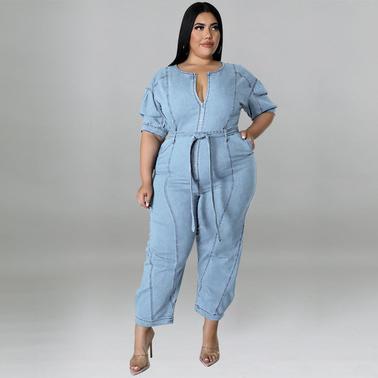 Plus Size Women Clothing Summer Short Sleeve Zipper Wash Denim Jumpsuit - Wild Amber Fashion