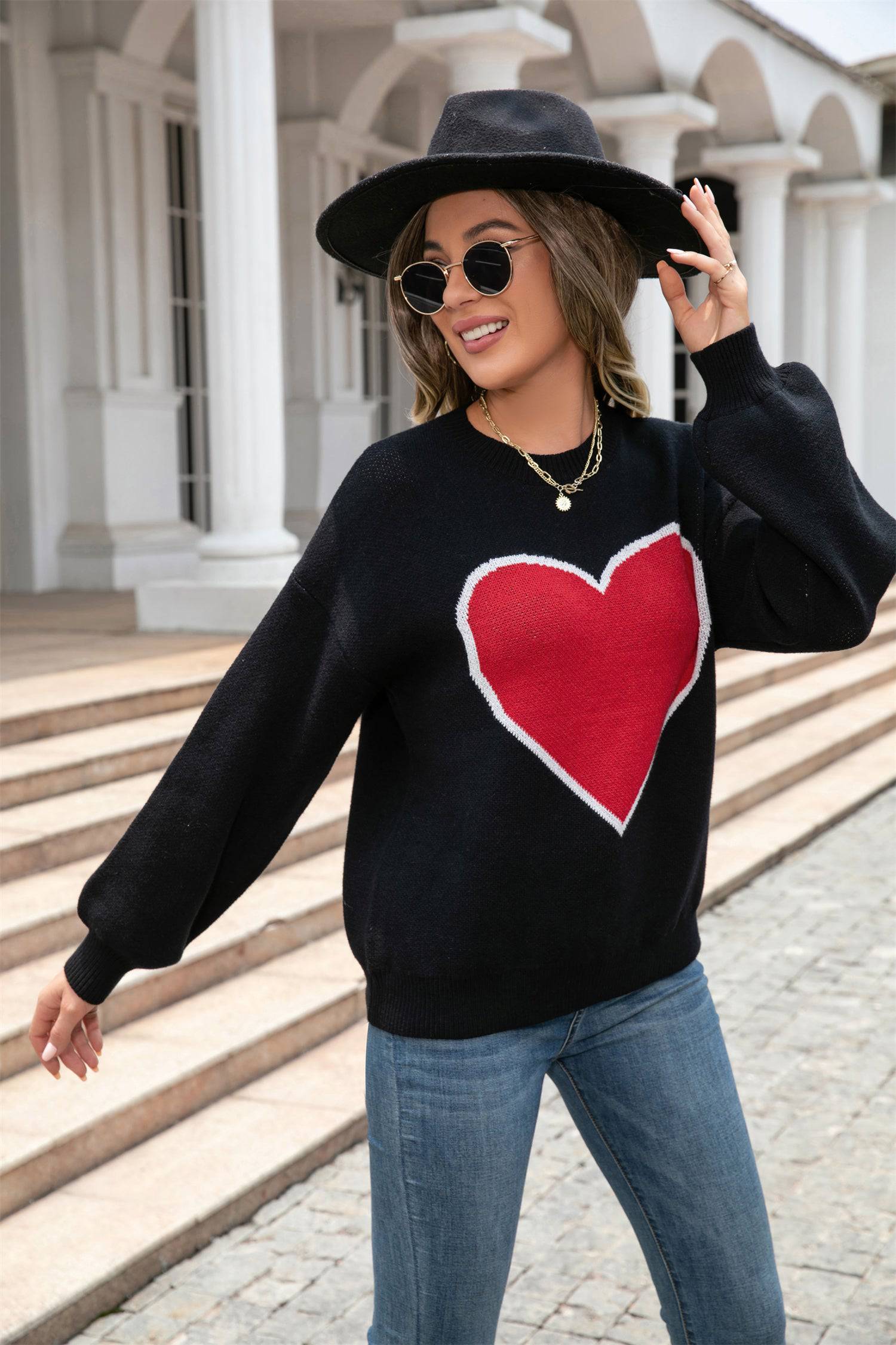 Valentine's Loose Fit Color Block Sweater  S Black 