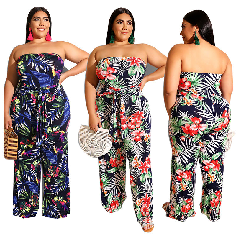 Plus Size Women Clothing New Spring off-the-Shoulder Printed Jumpsuit - Wild Amber Fashion