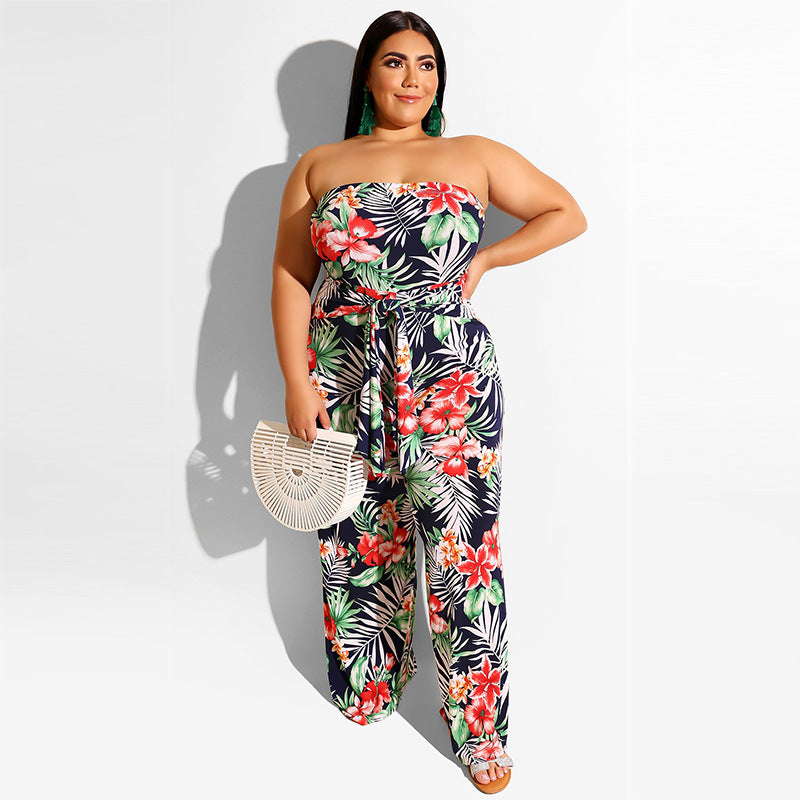 Plus Size Women Clothing New Spring off-the-Shoulder Printed Jumpsuit - Wild Amber Fashion