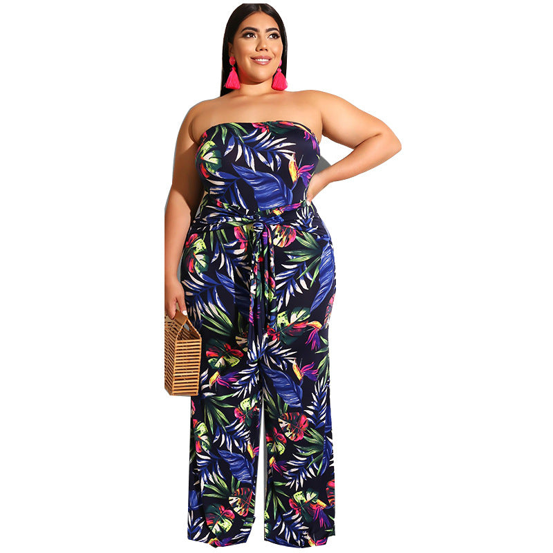 Plus Size Women Clothing New Spring off-the-Shoulder Printed Jumpsuit - Wild Amber Fashion