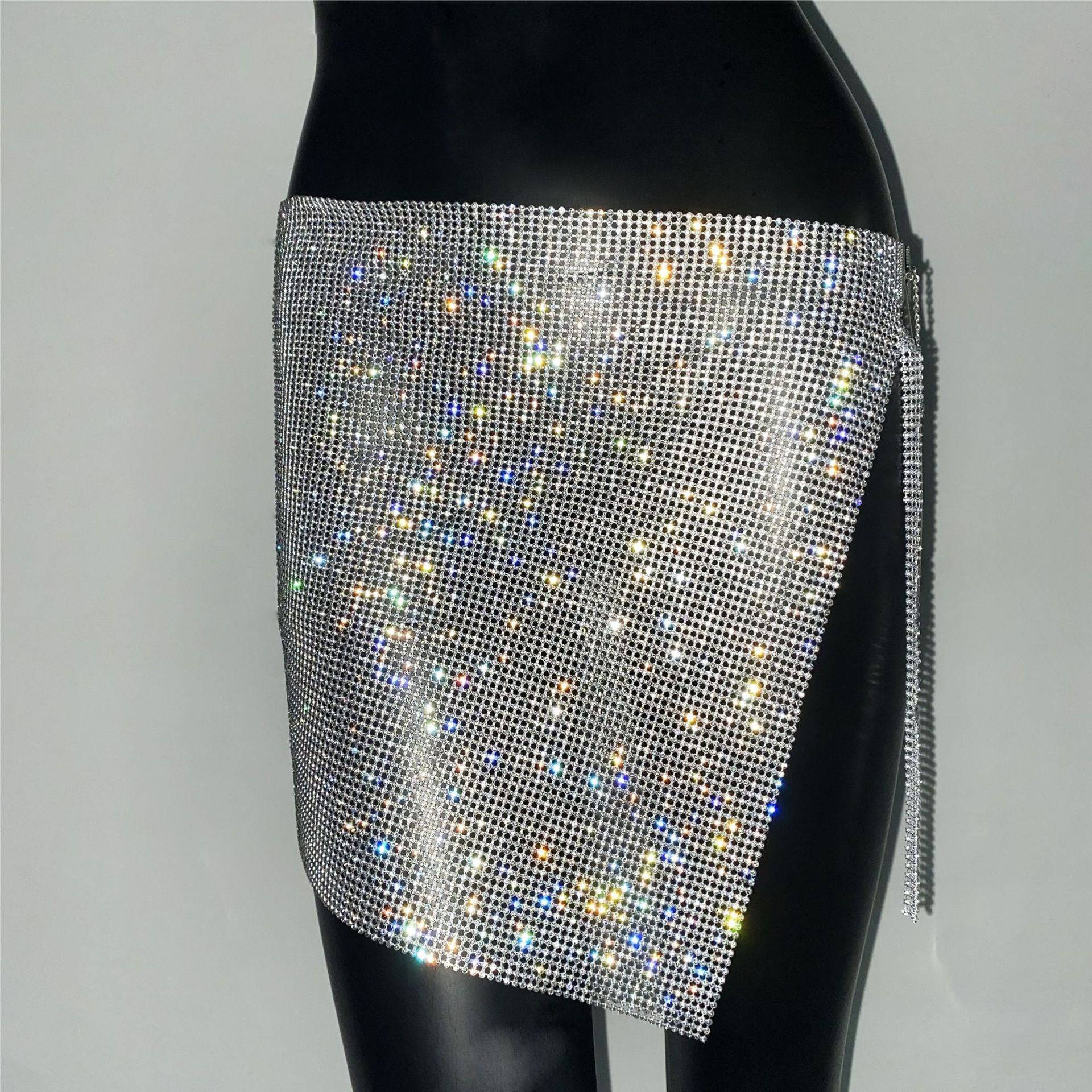 Rhinestone Embellished Hipster Slit Skirt  S Silver-1 