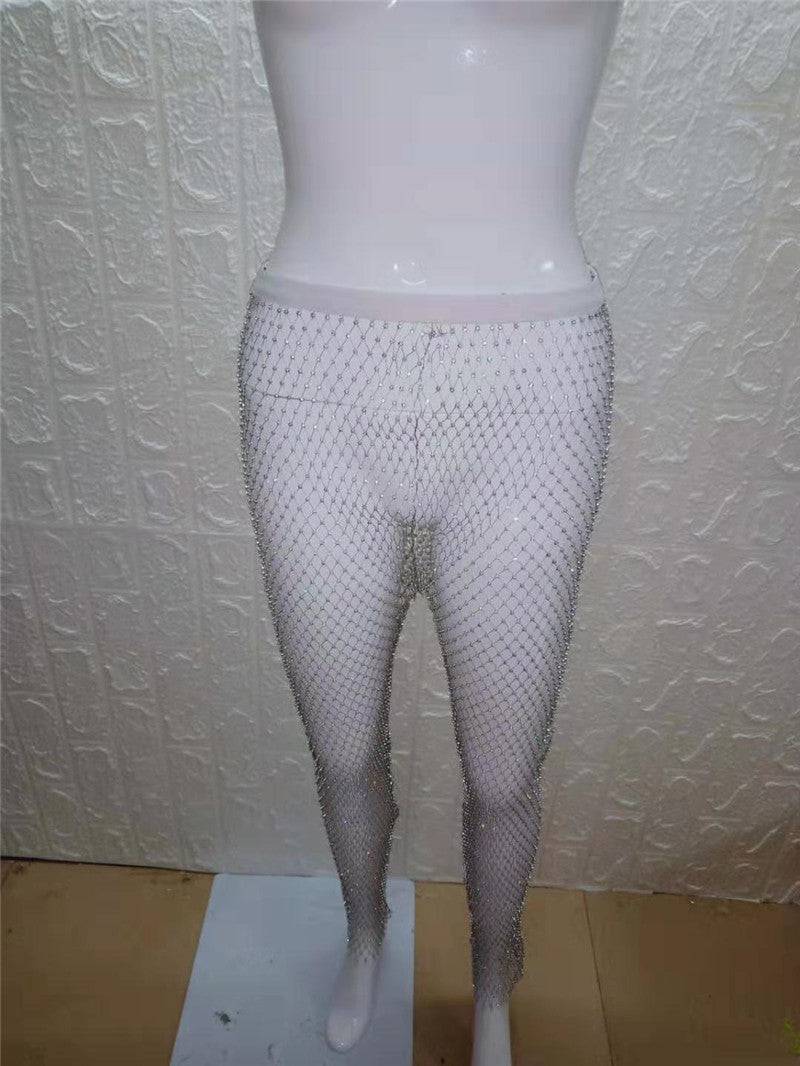 Sexy High Rise Mesh Rhinestone Waist Women's Slimming Pants  One Size Extended Silver 