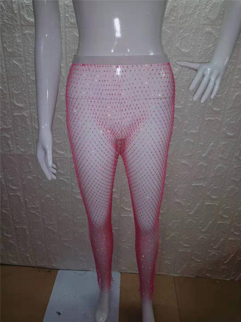 Sexy High Rise Mesh Rhinestone Waist Women's Slimming Pants  One Size Extended Pink 