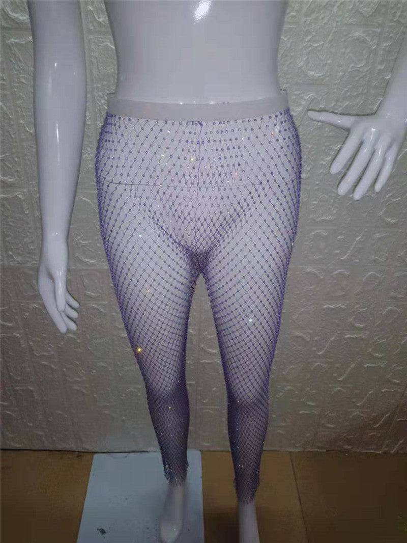 Sexy High Rise Mesh Rhinestone Waist Women's Slimming Pants  One Size Extended Purple 