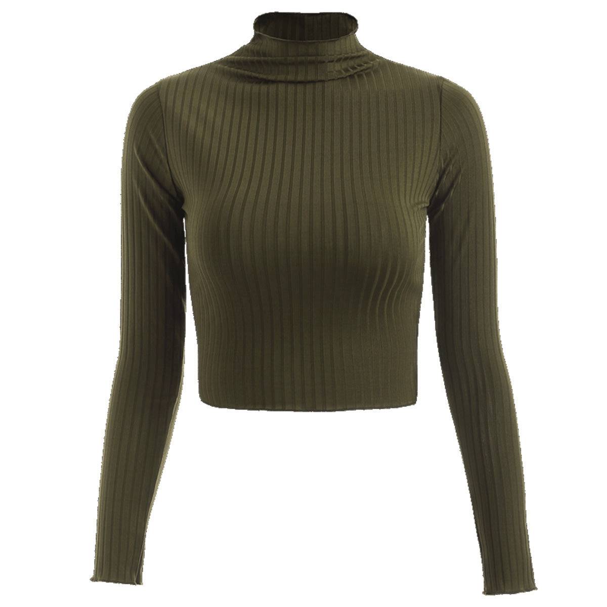 Stylish and Warm Slim-Fit Knitted Cropped Top Sweater  S Army Green 