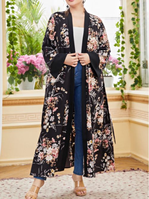 Plus Size Cardigan Coat Color Printing Artistic Long Sleeve Elegant Chiffon Women - Wild Amber Fashion