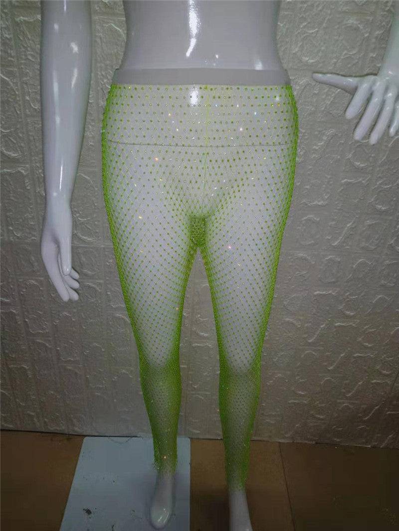 Sexy High Rise Mesh Rhinestone Waist Women's Slimming Pants  One Size Extended Fluorescent Green 