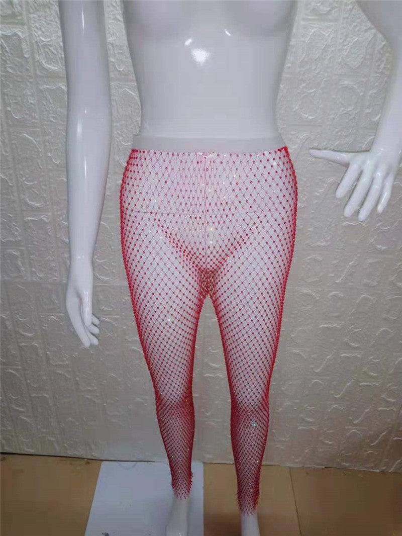 Sexy High Rise Mesh Rhinestone Waist Women's Slimming Pants  One Size Extended Rose Red 