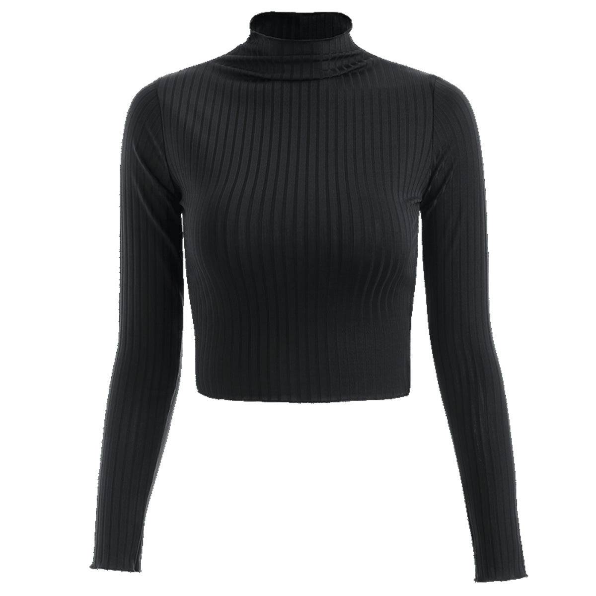 Stylish and Warm Slim-Fit Knitted Cropped Top Sweater  S Black 