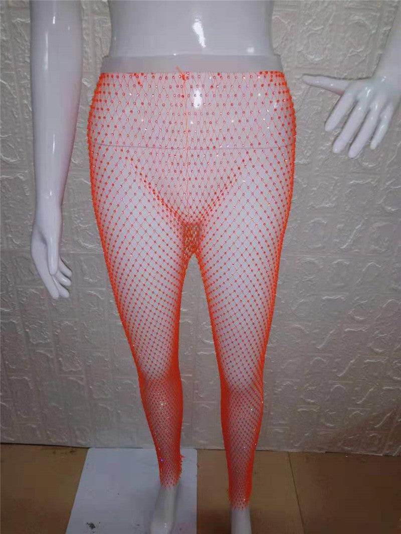 Sexy High Rise Mesh Rhinestone Waist Women's Slimming Pants  One Size Extended Fluorescent Orange 