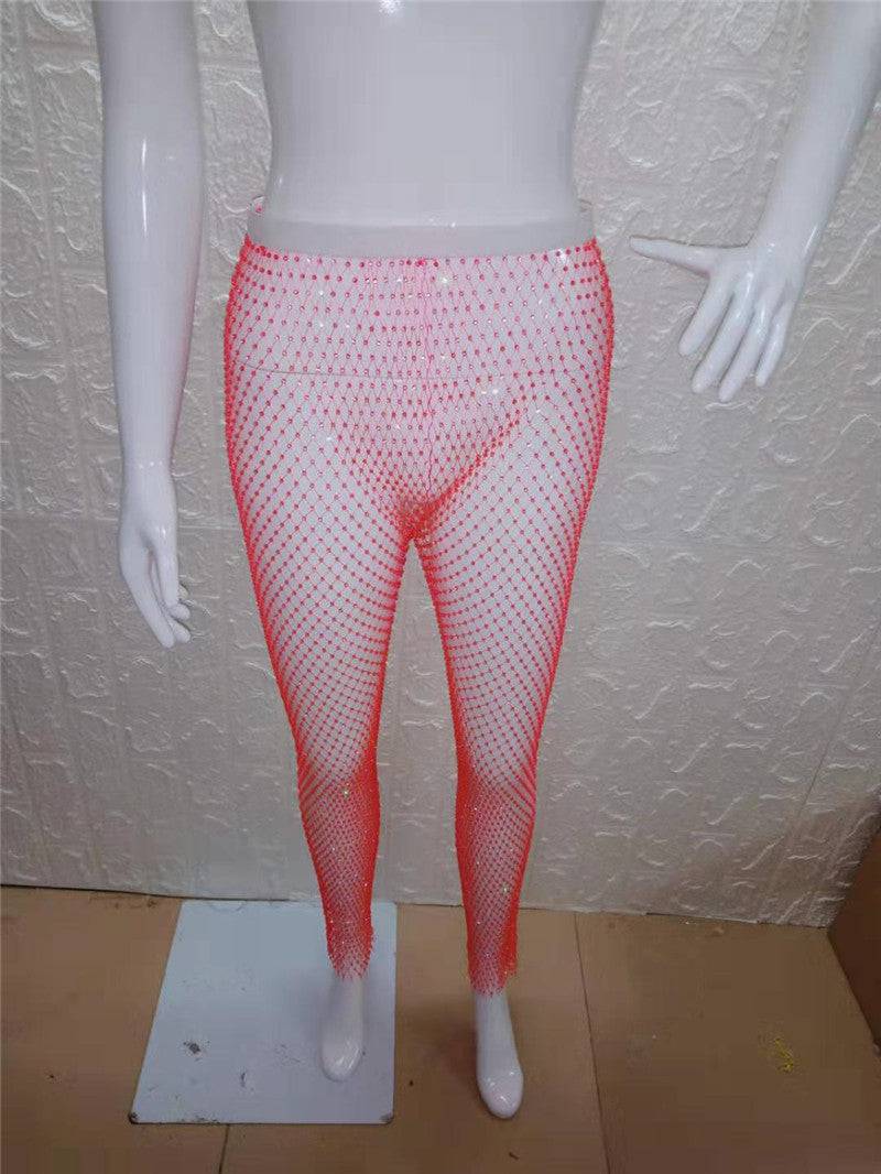 Sexy High Rise Mesh Rhinestone Waist Women's Slimming Pants  One Size Extended Fluorescent Rose Red 