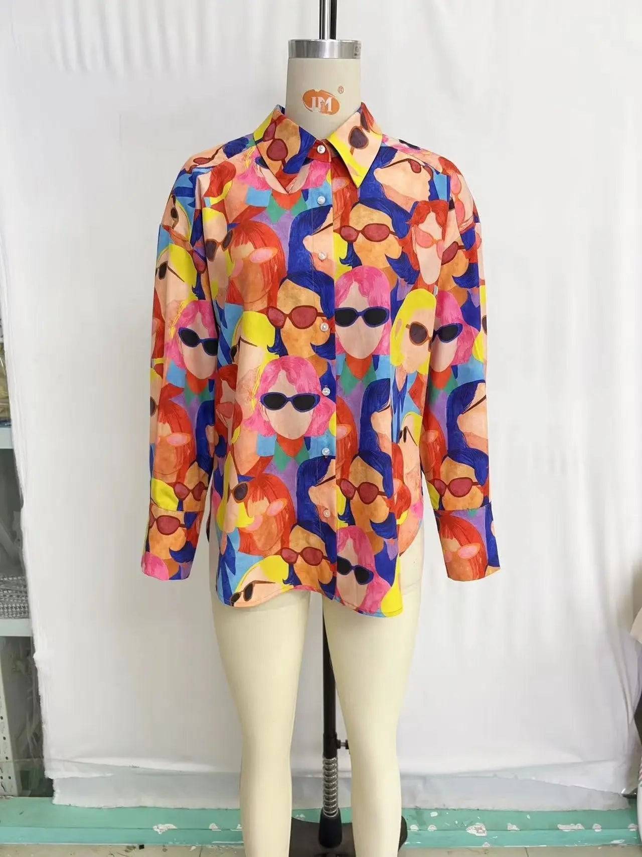 Long Sleeved Women Printed Mid Length Shirt  S Multicolor 