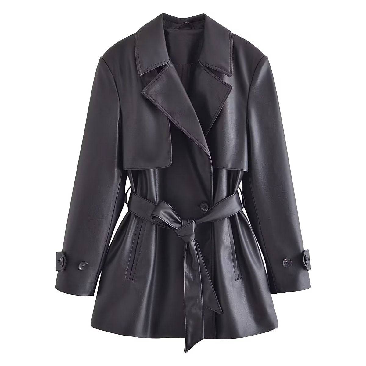 Retro Lapels Faux Leather Mid Length Trench Coat Women's Autumn Belt Lace-Up Coat  XS Black 