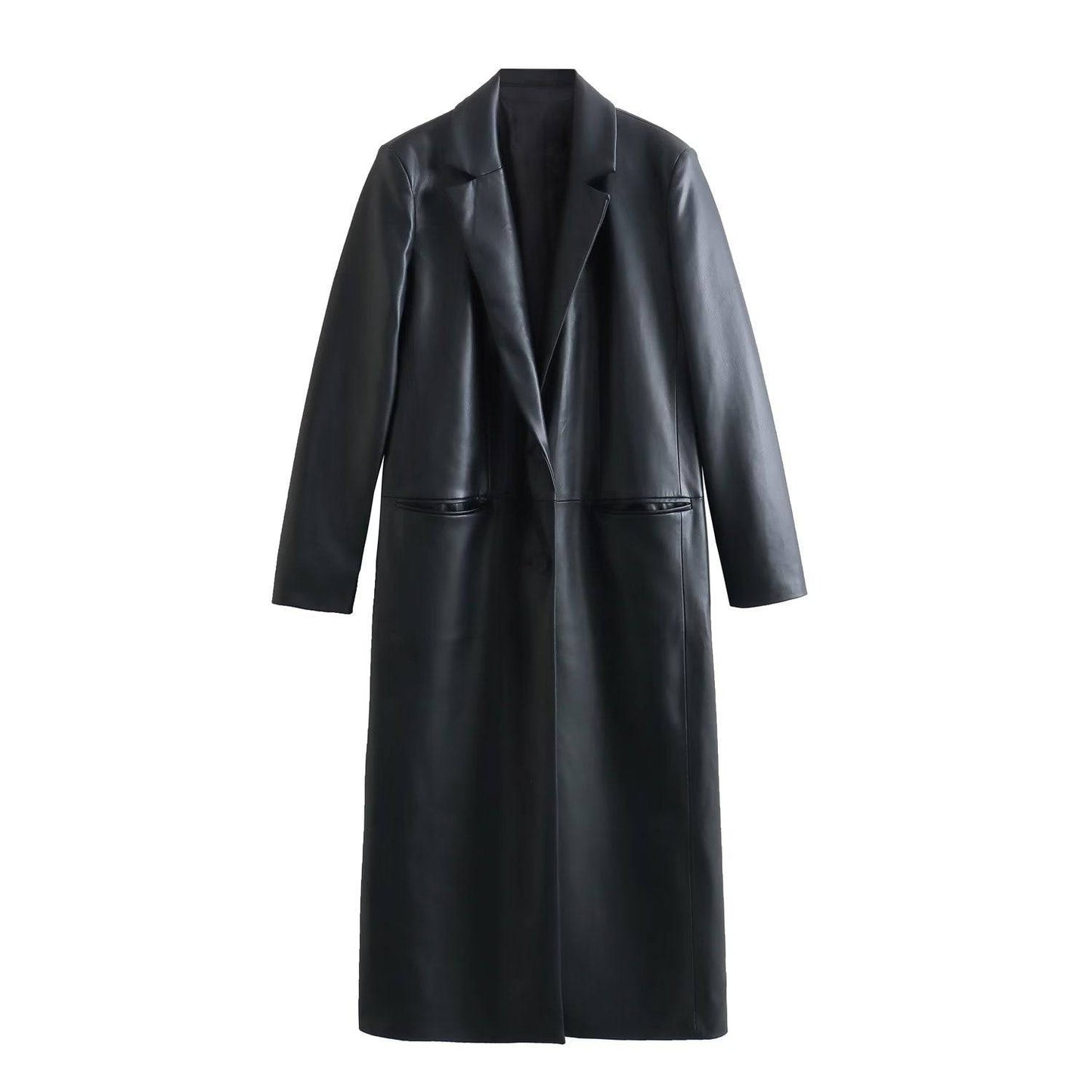 Sophisticated Long Faux Leather Trench Coat for Stylish Women  S Black 