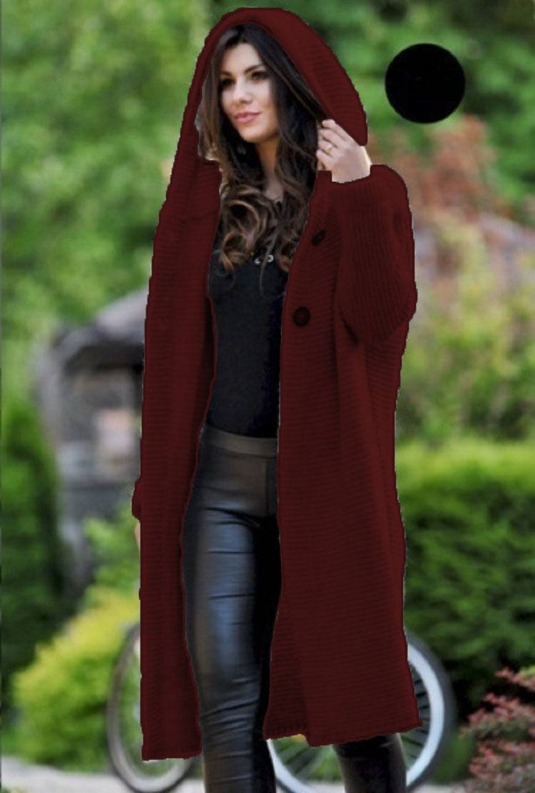 Hooded Sweater Coat for Women - Autumn/Winter Casual Button Long Cardigan  S Burgundy 