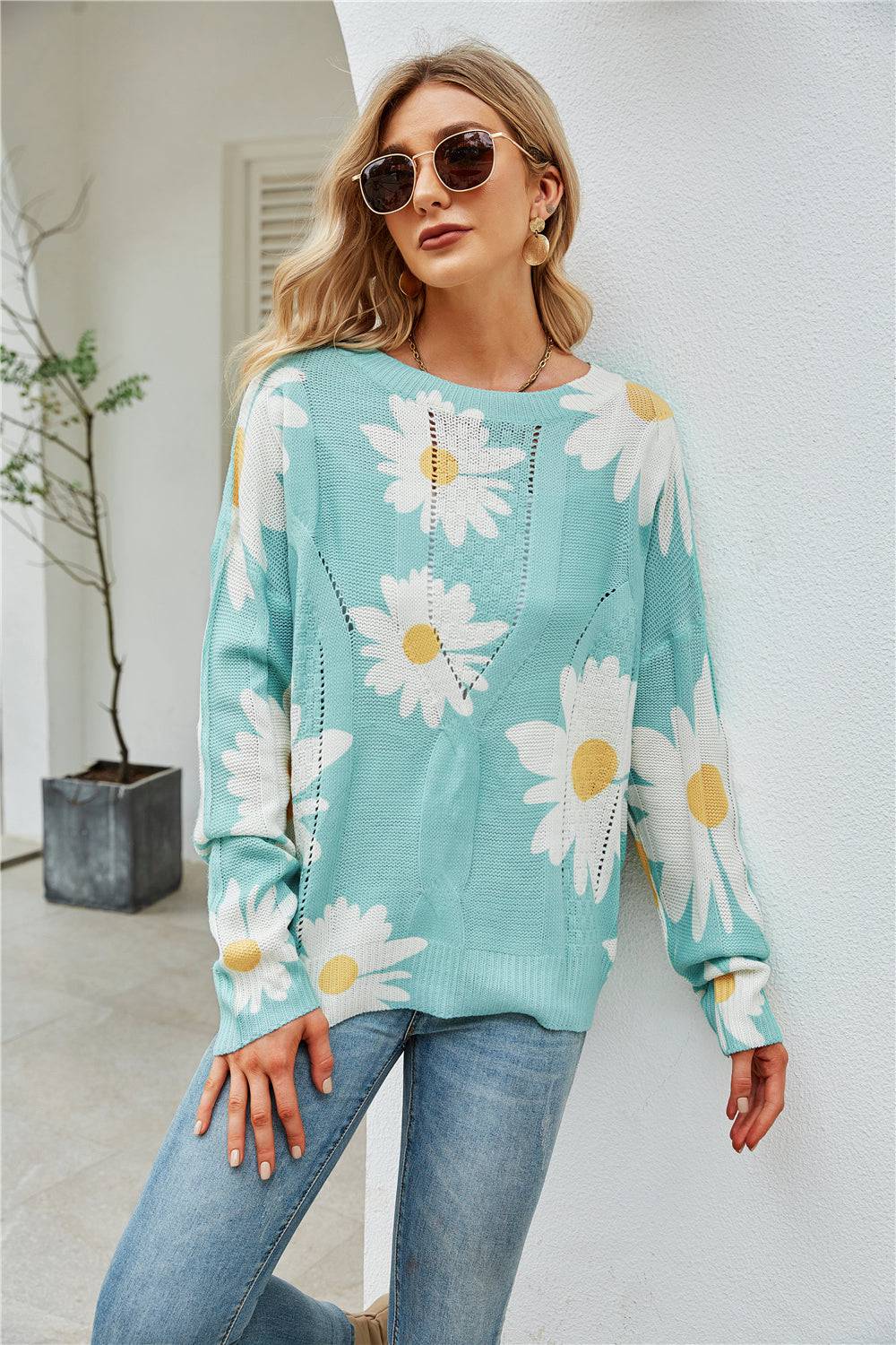 Sunflower Floral Jacquard Plus Size Sweater  S Green 