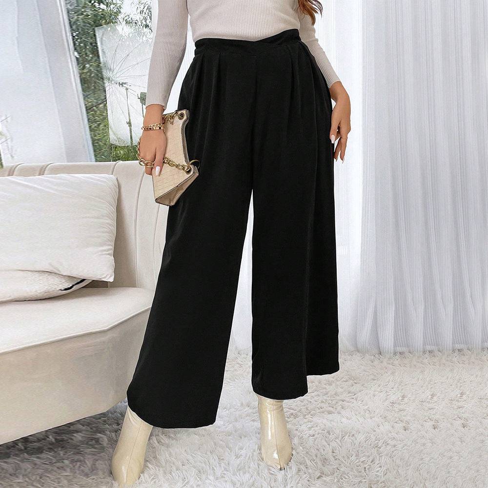 Elegant Plus Size Elastic Waist Wide Leg Casual Trousers  1XL Black 