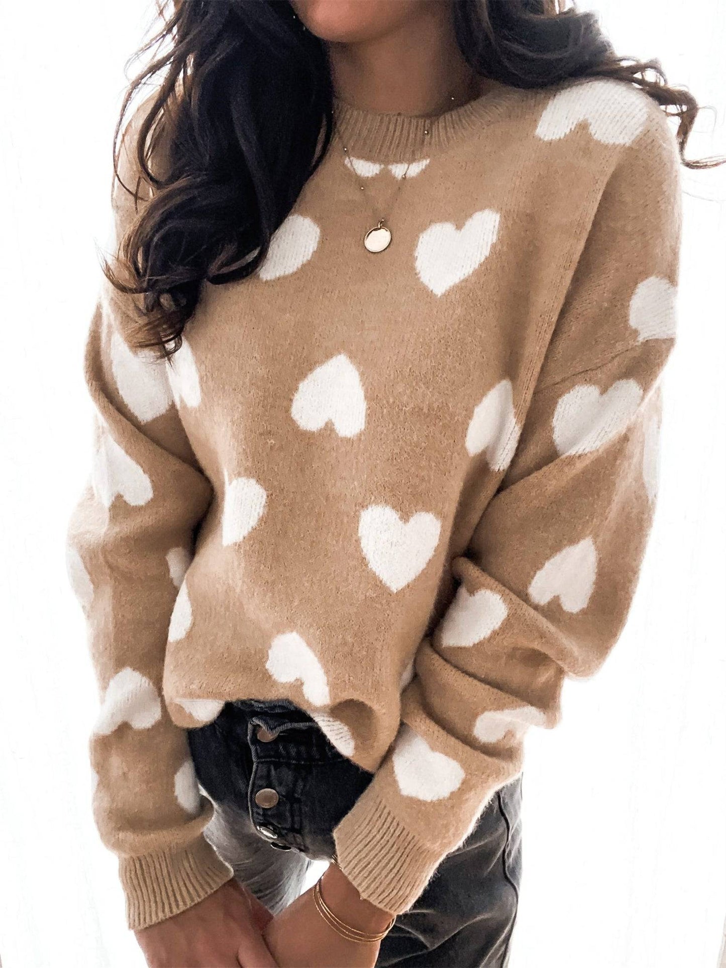 Love Jacquard Heart Sweater  S Khaki 