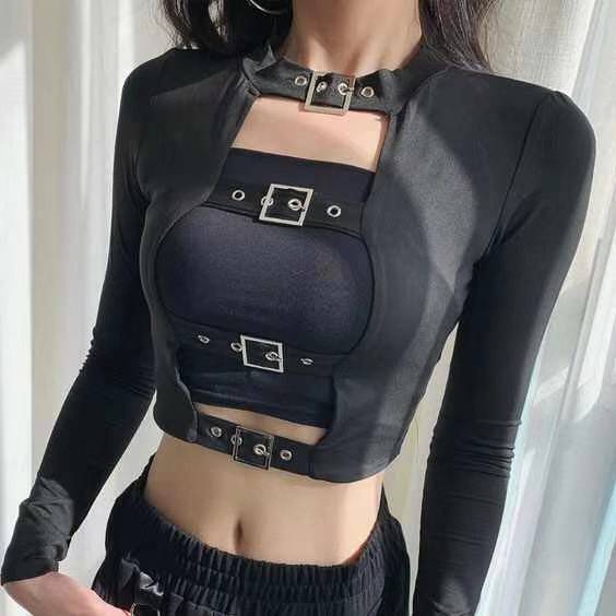 Sexy Long Sleeve Cutout Crop Top for Spring  S Black 