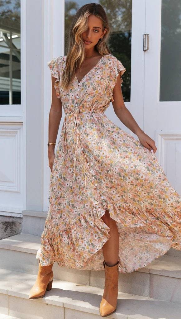 Elegant Asymmetric Floral Maxi Dress with V-Neck and Short Butterfly Sleeves  S Multi 