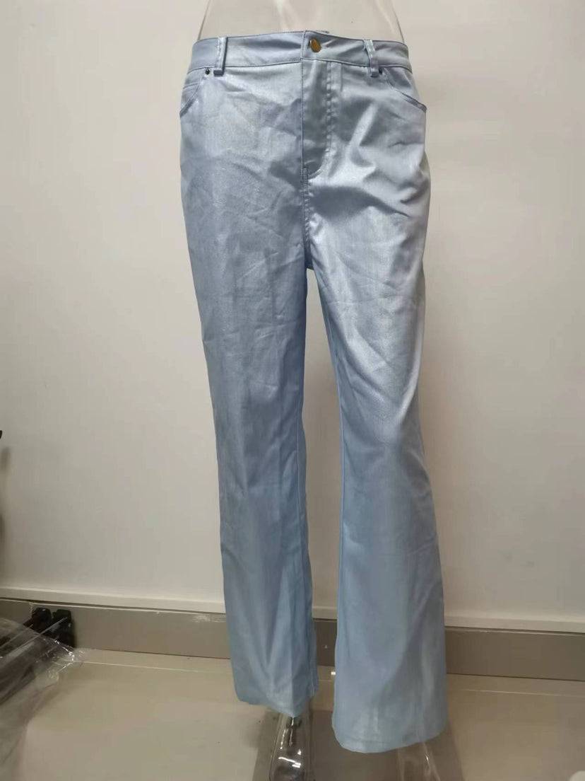 High Rise Metallic Wide Leg Pants for Autumn/Winter with Slimming Effect  S Light Blue 