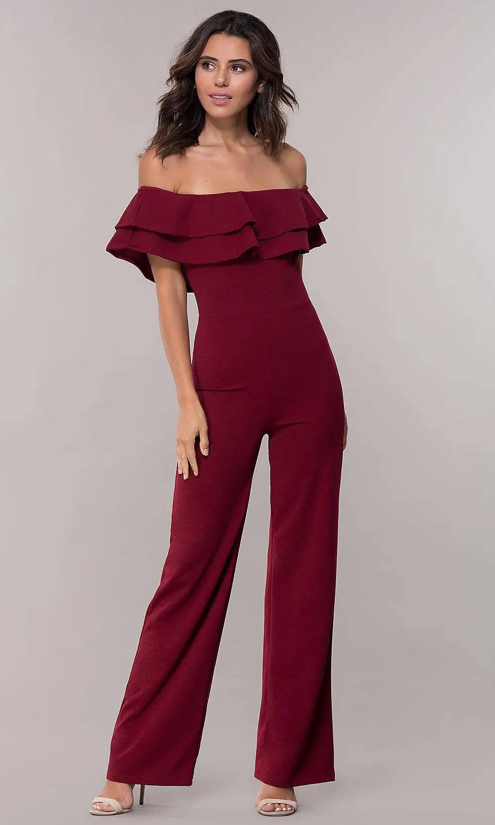 Elegant Off-Shoulder Ruffles Jumpsuit for Women  S Burgundy 