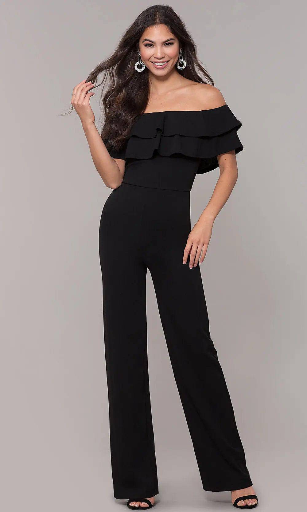 Elegant Off-Shoulder Ruffles Jumpsuit for Women  S Black 