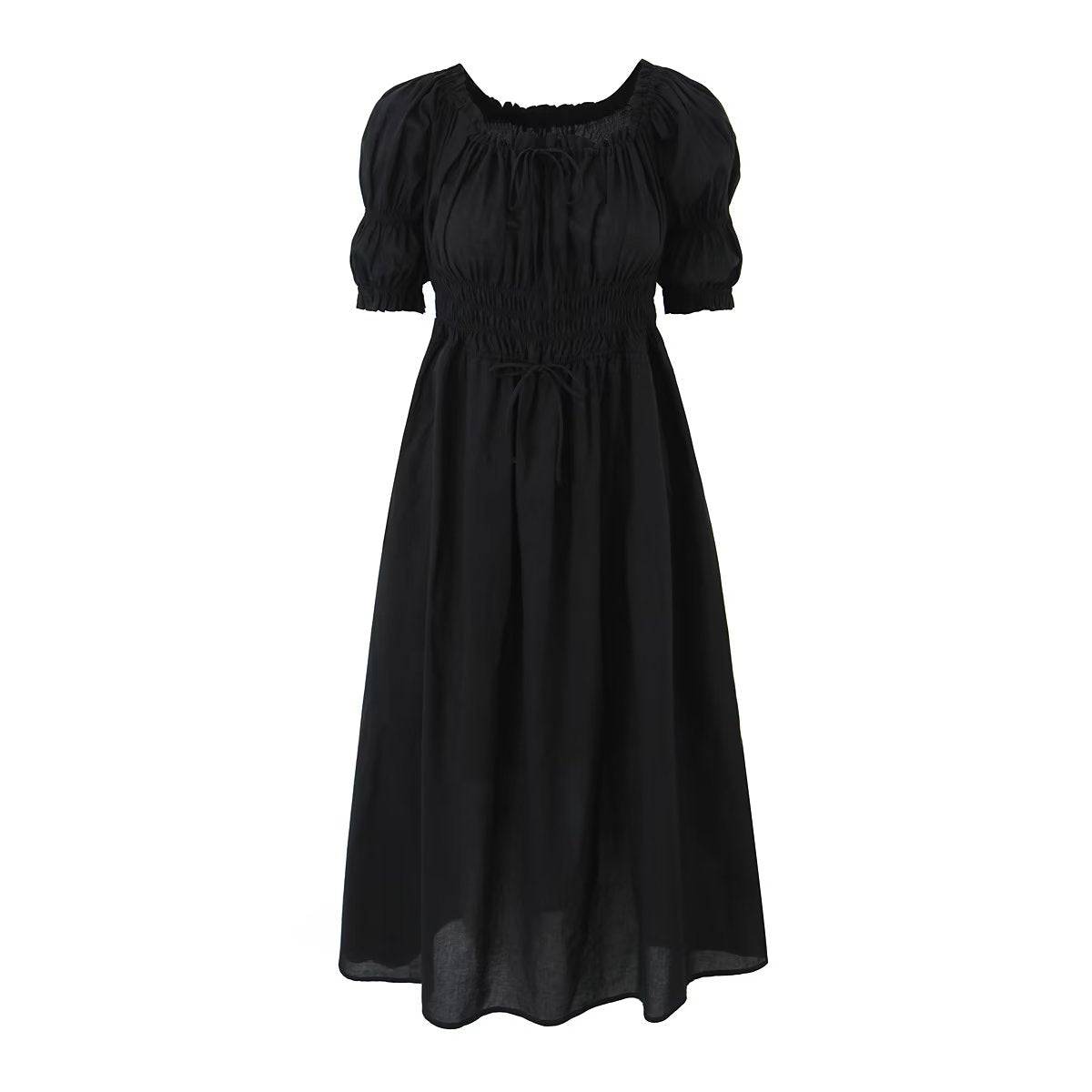 French Summer Maxi Dress with V-Neck and Puff Sleeves  S Black 