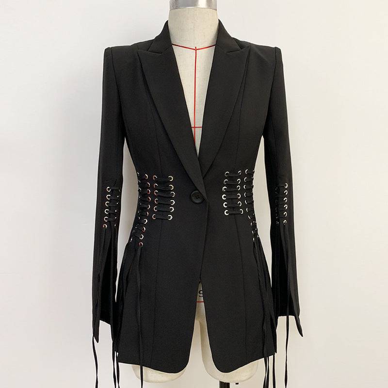 Slim Fit Coat with Elegant Metal Detail and Tie Closure  S Black 