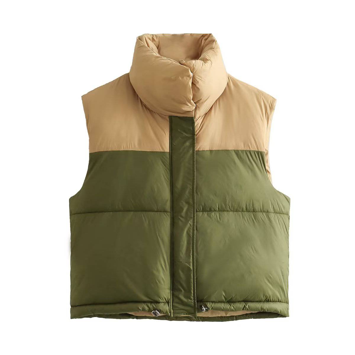 Winter Women's Loose Fit Cotton Color Block Down Vest with Hidden Hat  S Army Green 