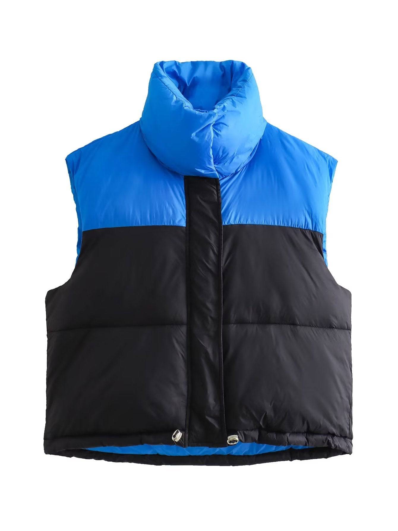 Winter Women's Loose Fit Cotton Color Block Down Vest with Hidden Hat  S Blue 