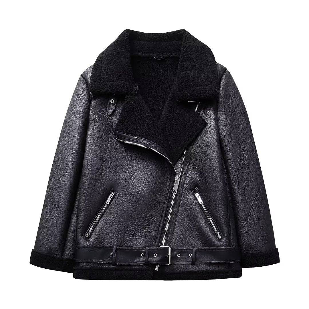 Fashionable Motorcycle Faux Shearling-Lined Leather Coat with Oblique Zipper  XS Black 