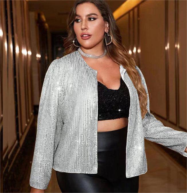 Sequined Long Sleeve Jacket for Plus Size Women - Spring Fashion  XL White 