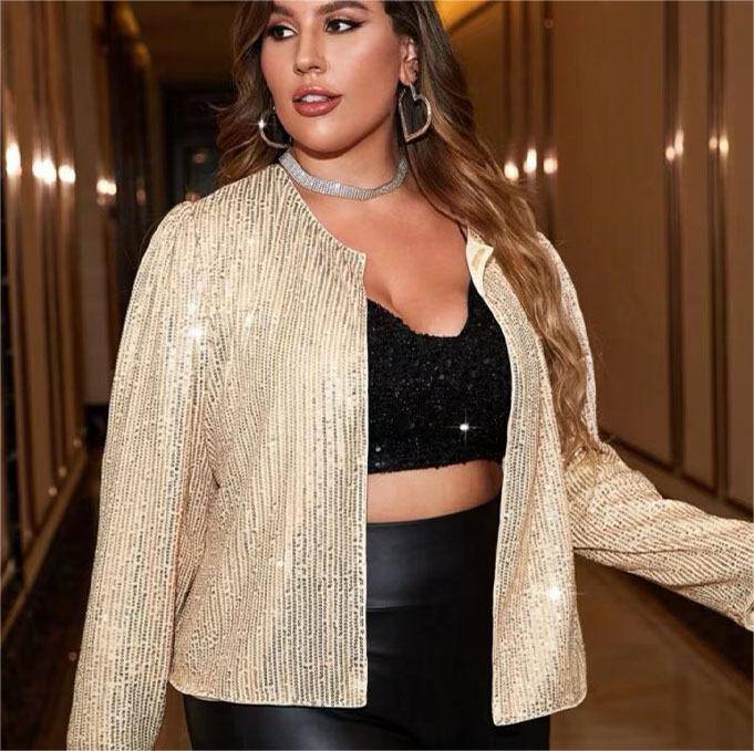 Sequined Long Sleeve Jacket for Plus Size Women - Spring Fashion  XL Gold 