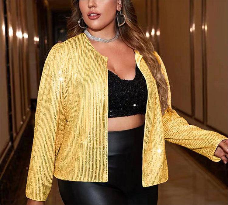 Sequined Long Sleeve Jacket for Plus Size Women - Spring Fashion  XL Gold-1 