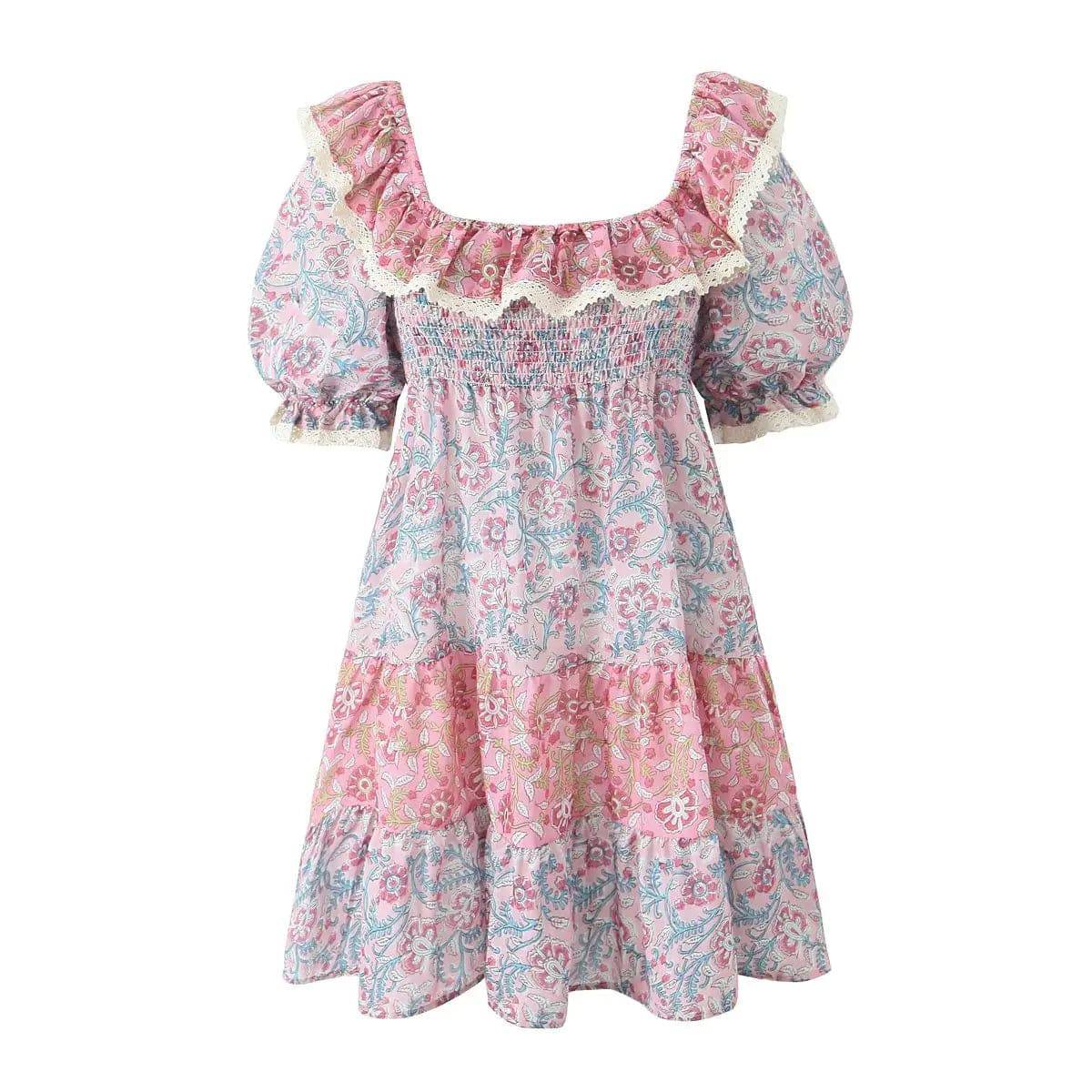 Floral Print Ruffled Summer Dress with Puff Sleeves for Women  S Multi 