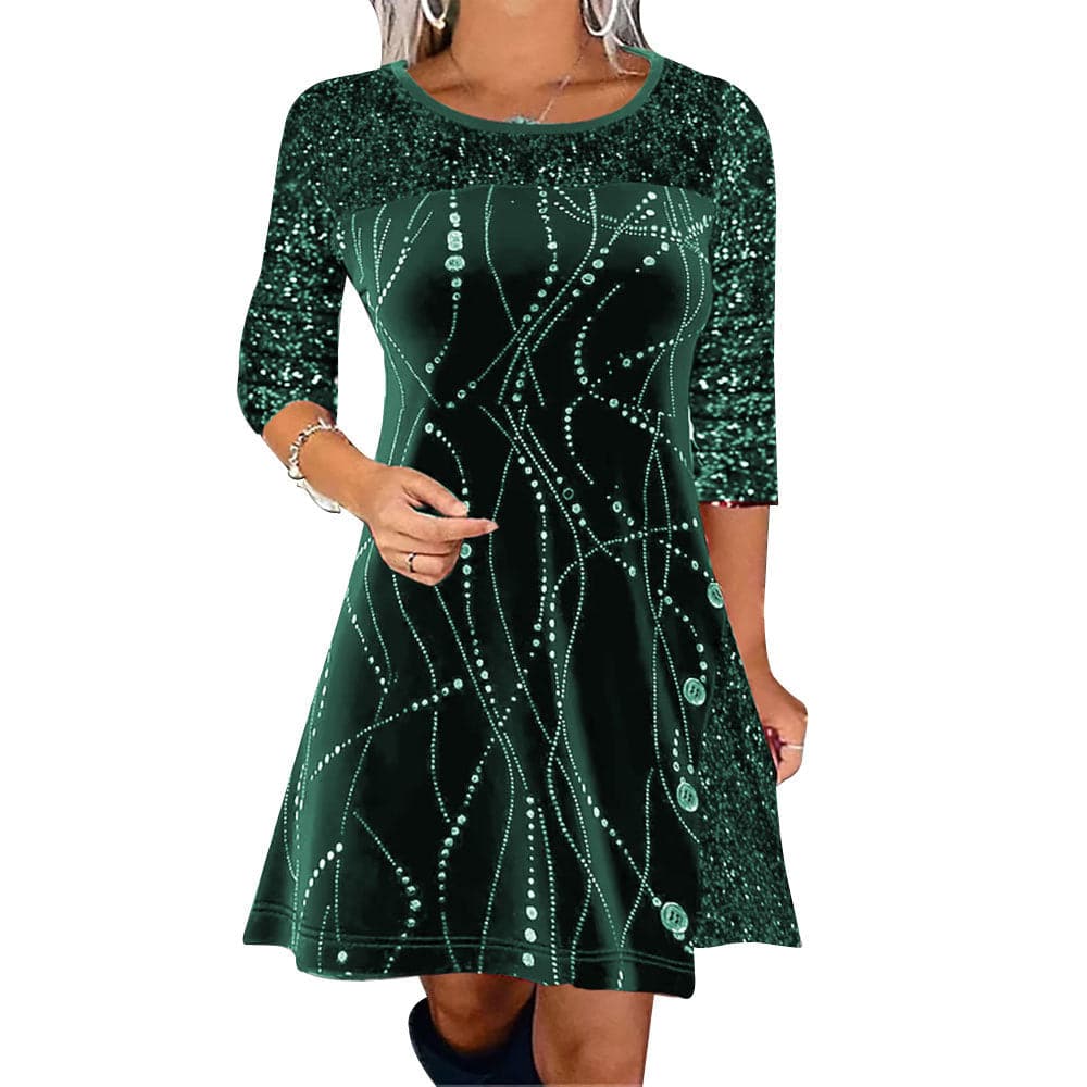 Elegant Sequin-Embellished A-Line Dress for Autumn and Winter  S Green 