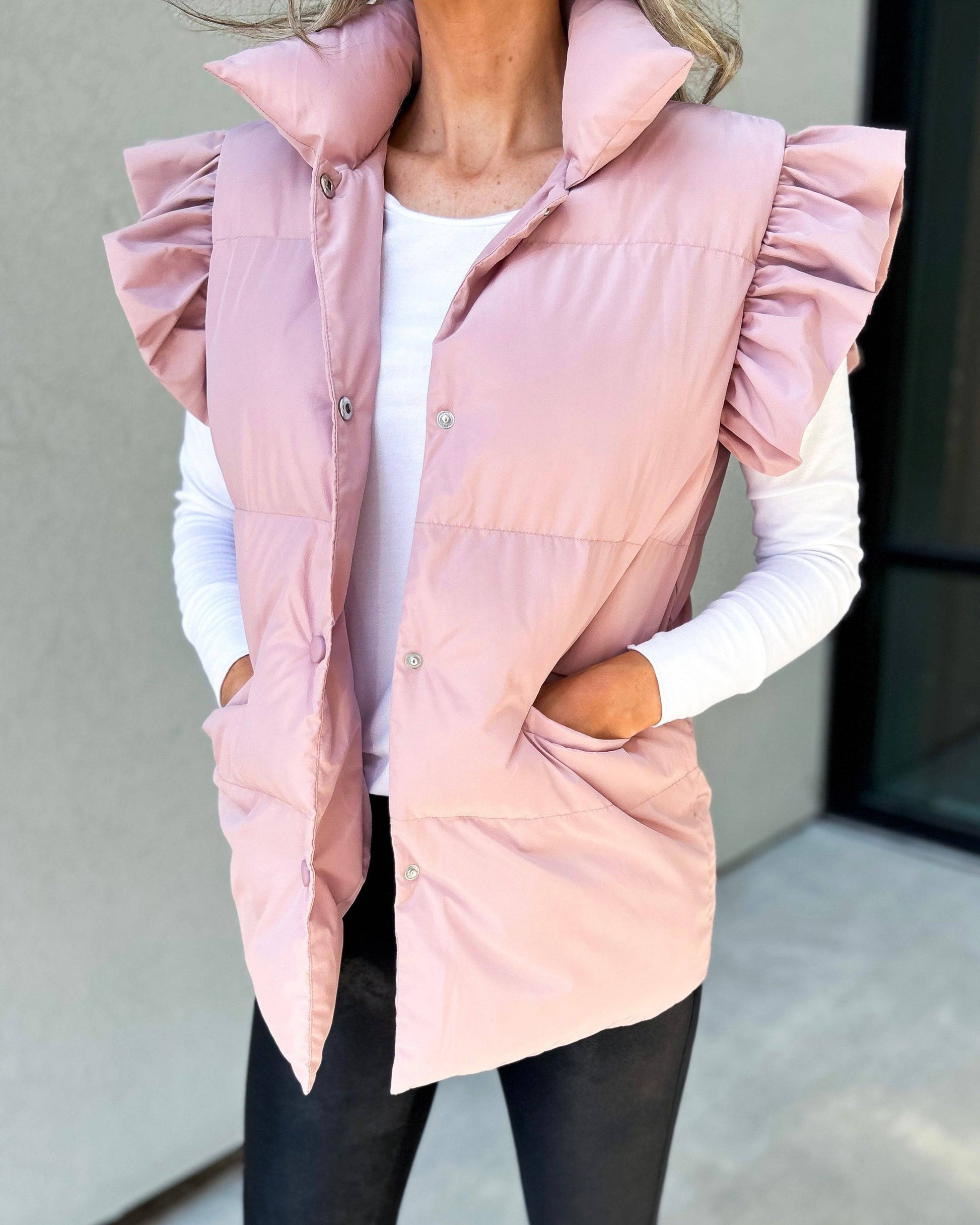 Ladies Autumn Winter down Jacket Casual Stand Collar Buckle Double Pocket Flying Lotus Sleeve Vest  S Pink 