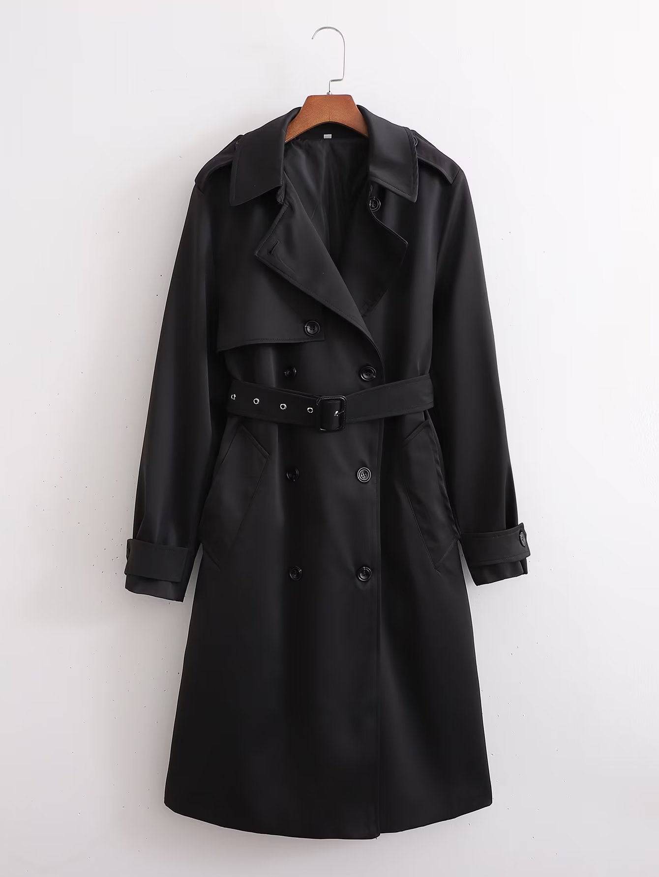 Korean Style Double Breasted Long Trench Coat for Women  S Black 